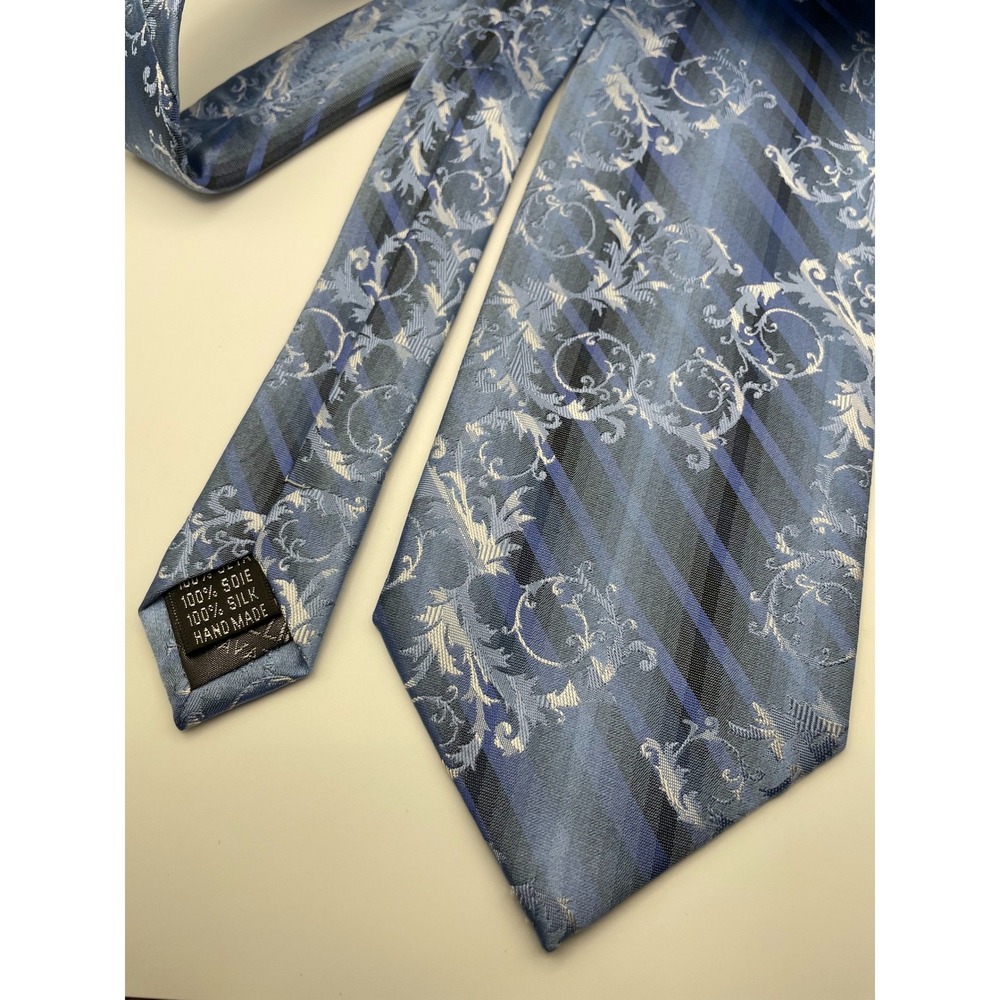 Angelino Men's Blue Silk Jacquard Paisley Stripe Necktie Handmade